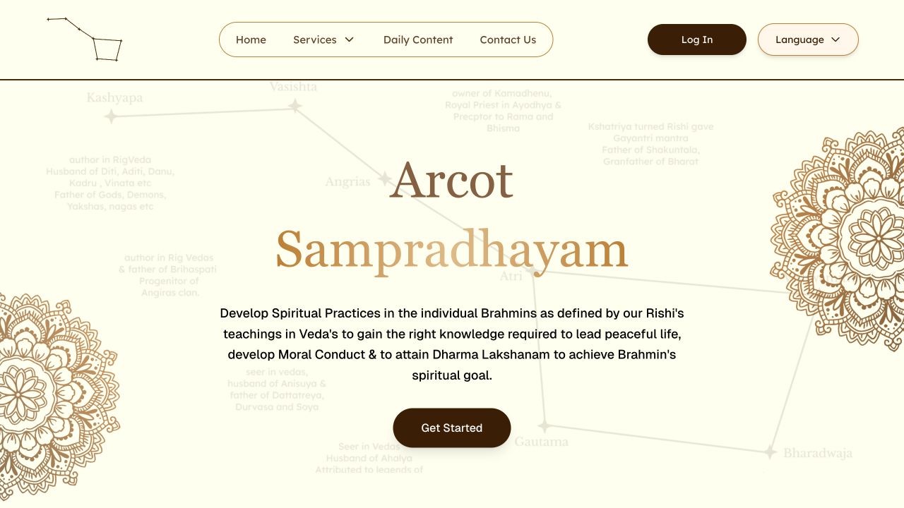 Arcot Sampradayam home page with a traditional illustration and service cards