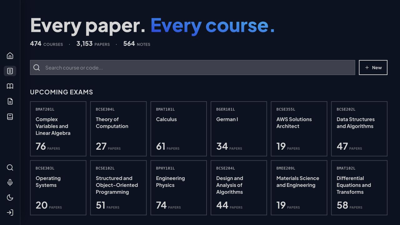 ExamCooker past-paper library showing course and paper totals