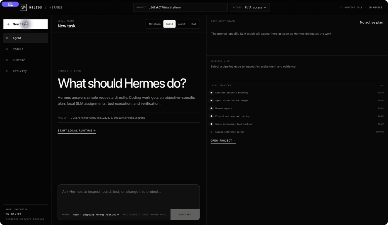 Helios desktop agent workspace with build, audit, and chat modes