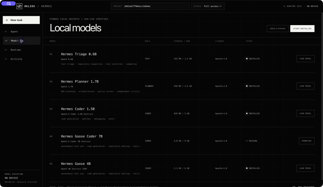 Helios local model registry showing installed specialist models